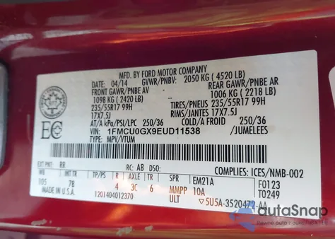 2014 Ford Escape Se из США, поврежденный, VIN 1FMCU0GX9EUD11538